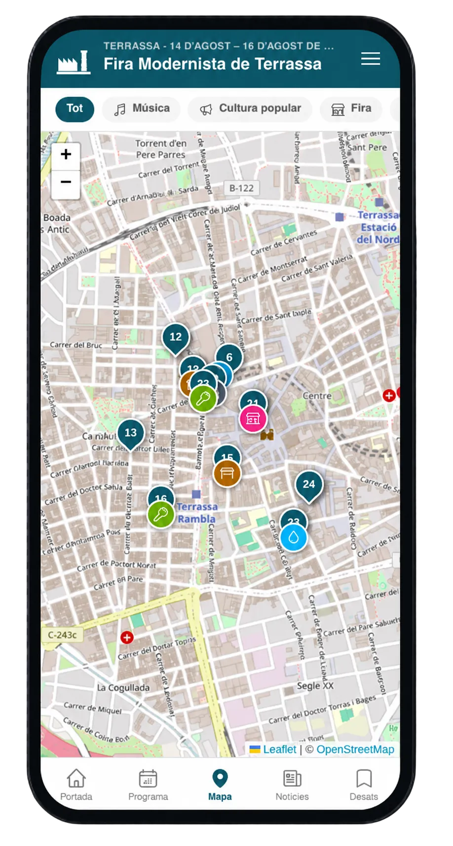 Mapa interactiu amb els punts d'interès d'un esdeveniment a l'aplicació mòbil