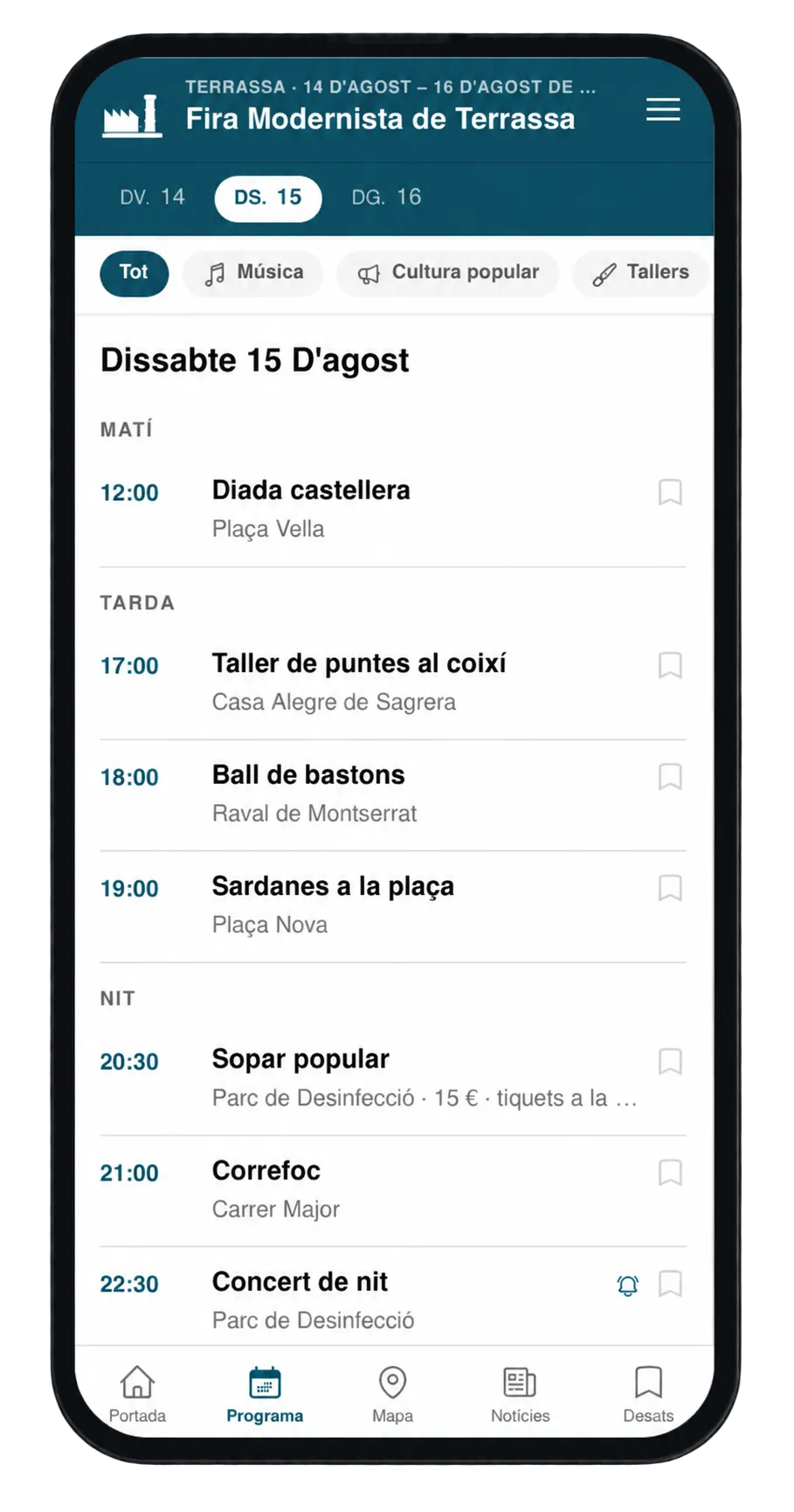 Programa d'un esdeveniment a l'aplicació mòbil, per dies i categories