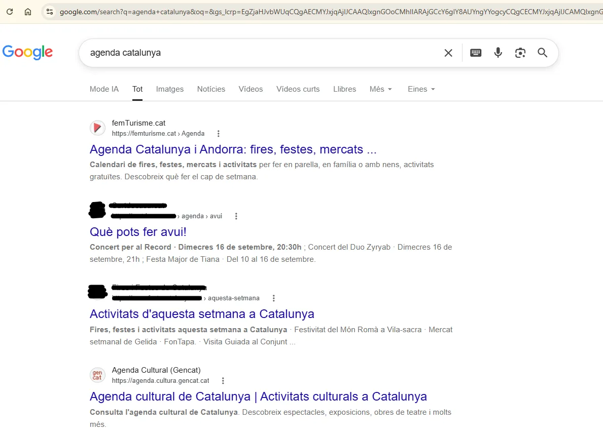 Resultats de cerca a Google per «Agenda Catalunya», amb femturisme.cat entre les primeres posicions
