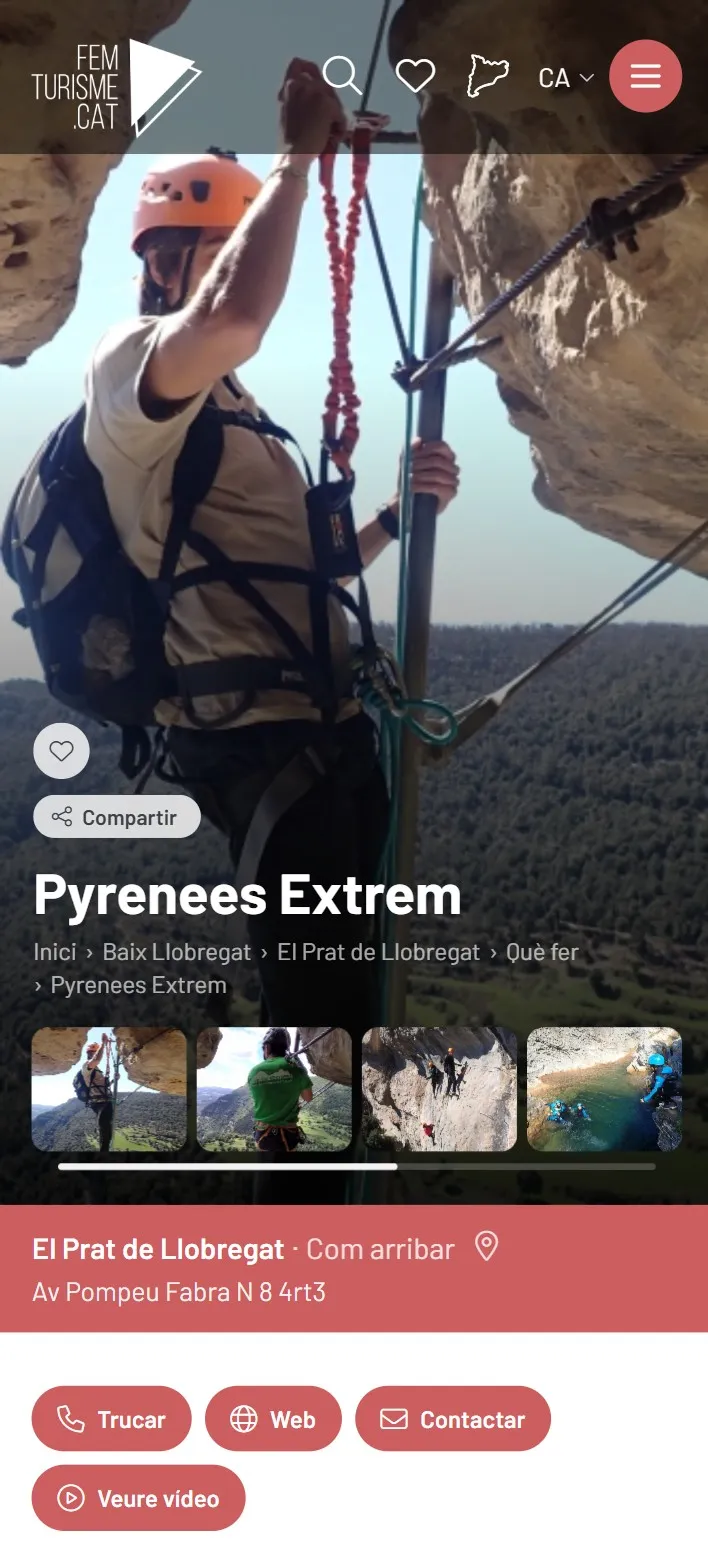 Fitxa d'un establiment d'esports d'aventura a femturisme.cat, vista en mòbil