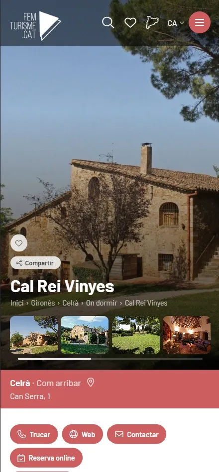Fitxa de l'establiment Cal Rei Vinyes a femturisme.cat, vista en un mòbil